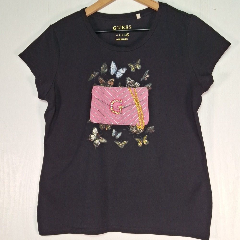 Guess Los Angeles Womens XL Black Butterfly Rhinestone Handbag Graphic T-Shirt